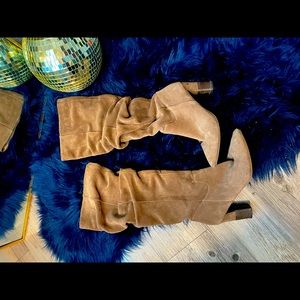 Franco Sarto dark tan pointed heeled suede slouch boots size 6.5.